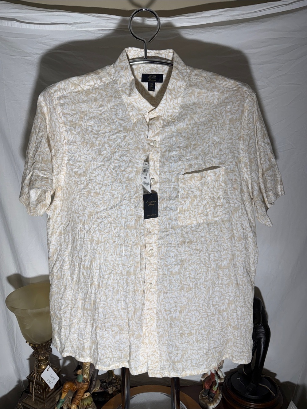 Club Room Cream and Light Tan Leaf-Print Short Sleeve Button-Down Shirt